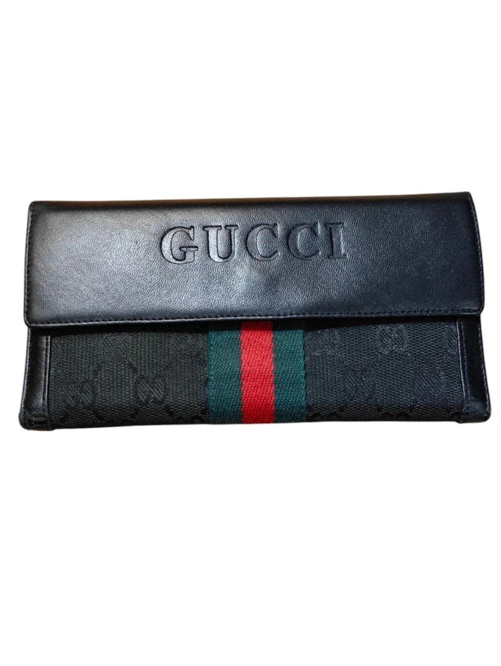 Fucci Black Faux Leather Long Wallet with Green-Red Web Stripe - Picture 1 of 12